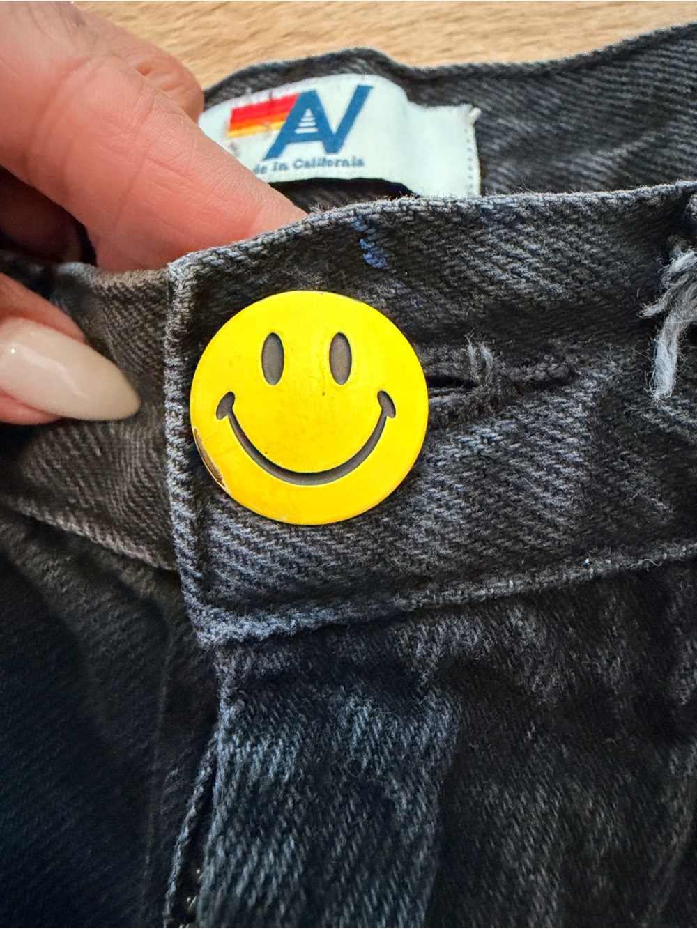 Aviator Nation black distressed Denim Women’s Shorts with Yellow Smiley Patches - Picture 4 of 5